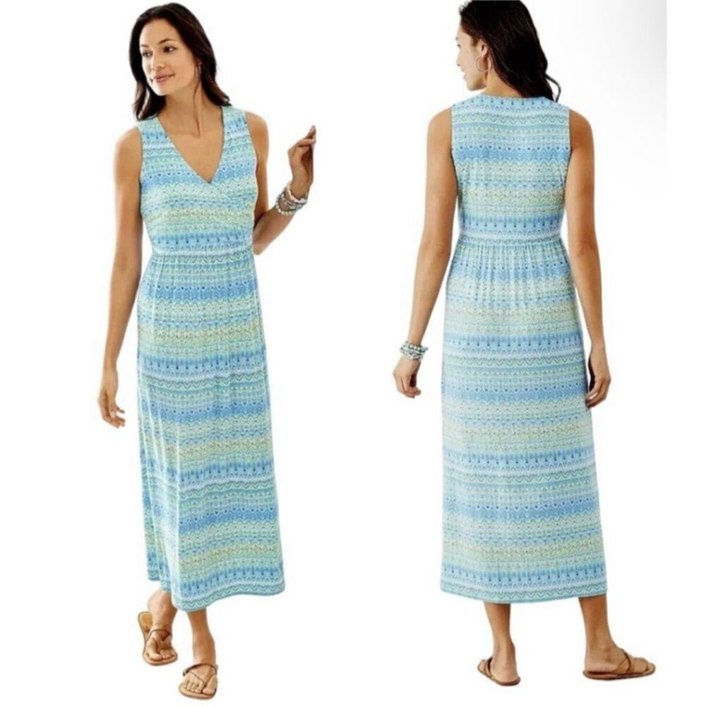 J Jill Ikat Mediterranean Print Maxi Dress Womens Large Empire Waist Crossover L